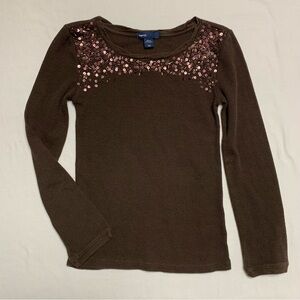 GAP Sequin Shirt Girl’s 10-11 Brown Thermal Waffle Weave Fall Cozy Preppy Boho